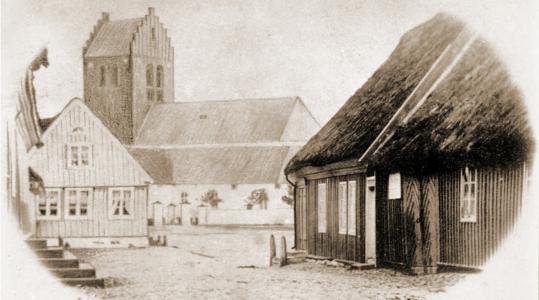 Båstad kyrka och torget före branden 1870.